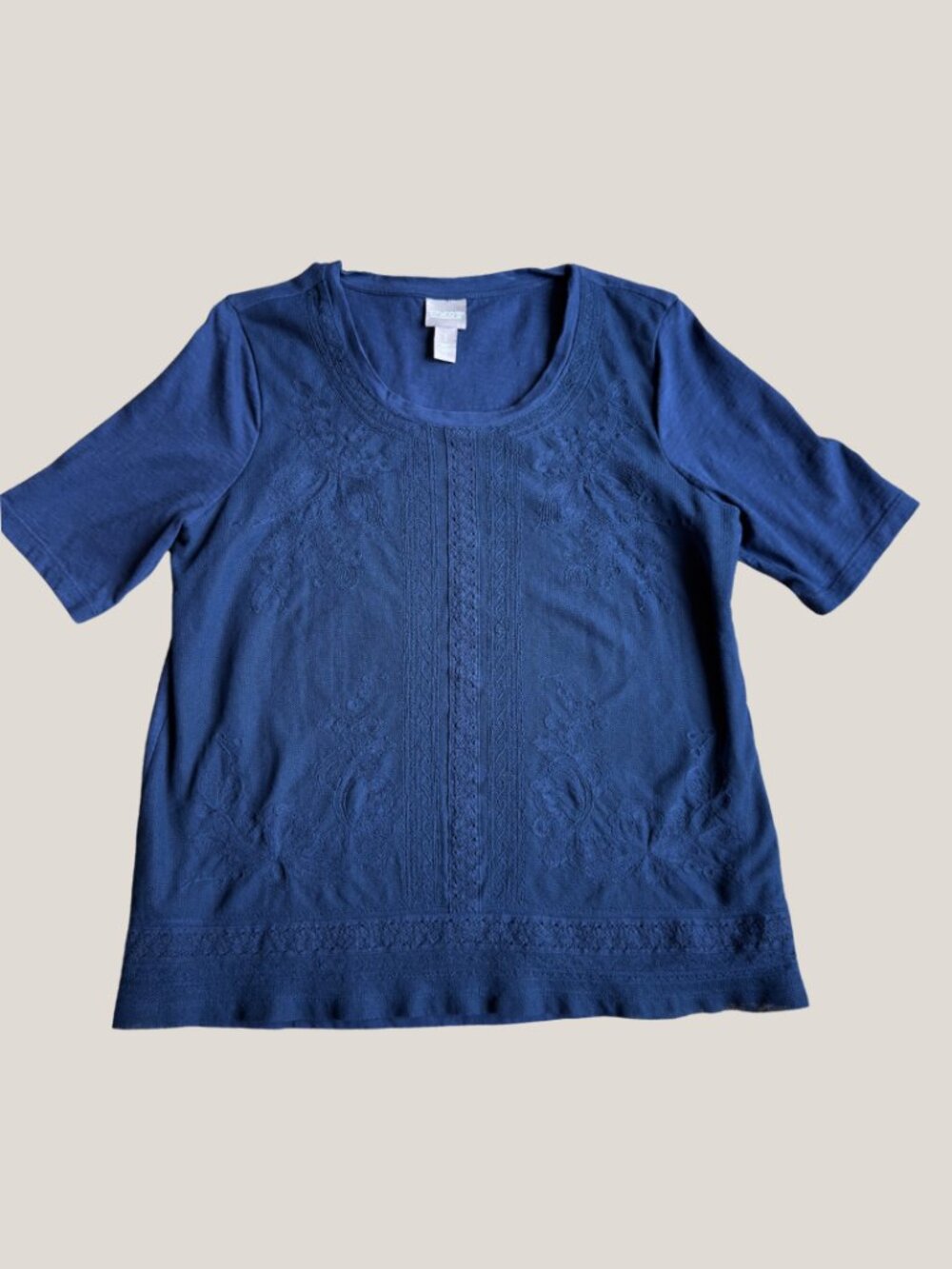 Chico's Blue Embroidered Front Knit Tee Top - Size 1 (US Medium / 8-10)